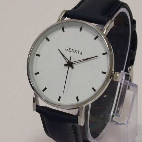 Geneva Other - Men's Minimalist Fashion Watch Silver Case White Dial Navy Blue Strap 40mm